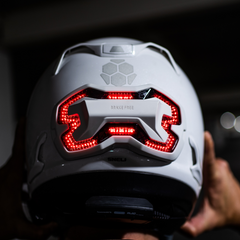 Brake Free smart wireless helmet brake light - now in a stunning white colorway shown on a white Arai helmet